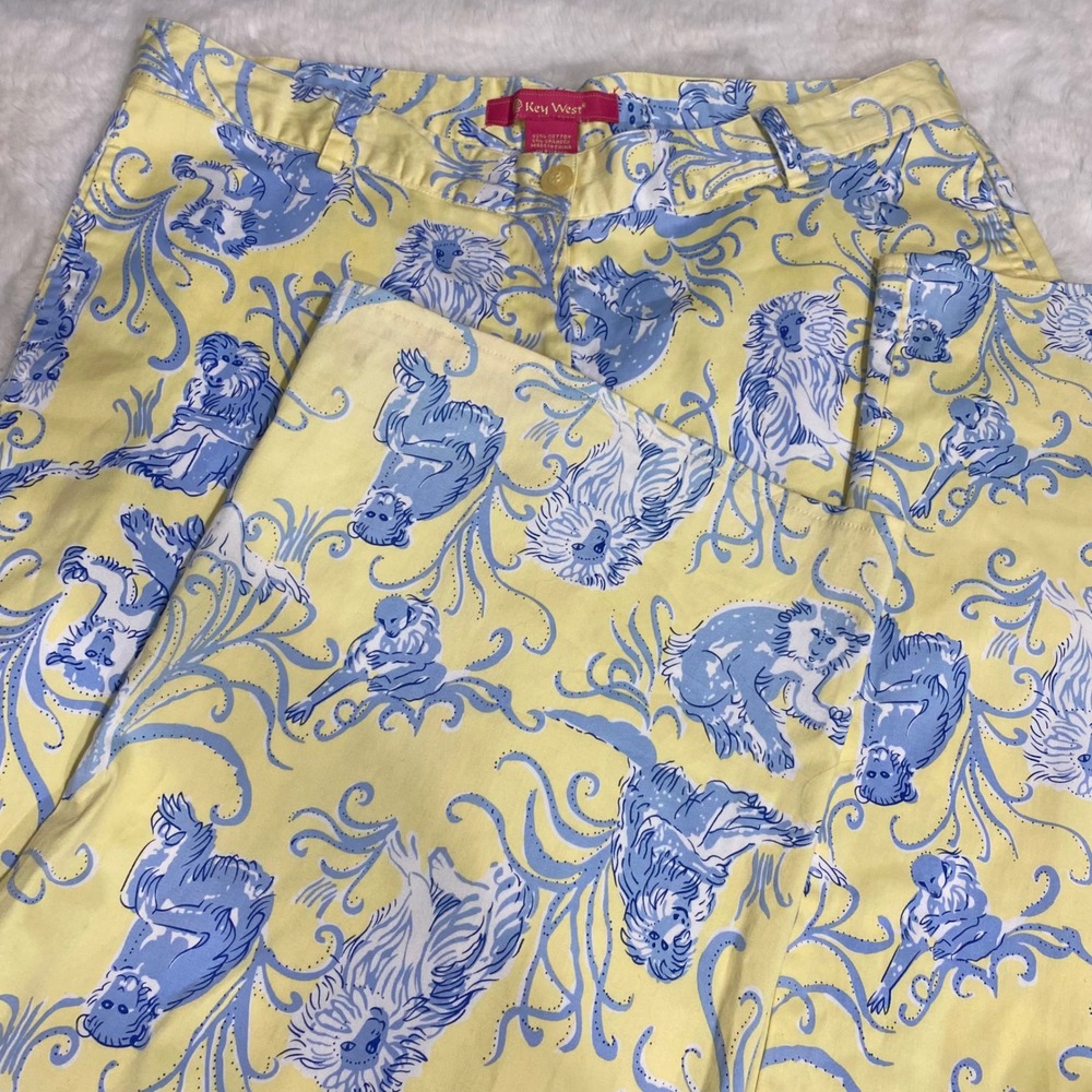 Key West Womens Size 12 Lightweight Pants Yellow Blue Monkey Print Travel